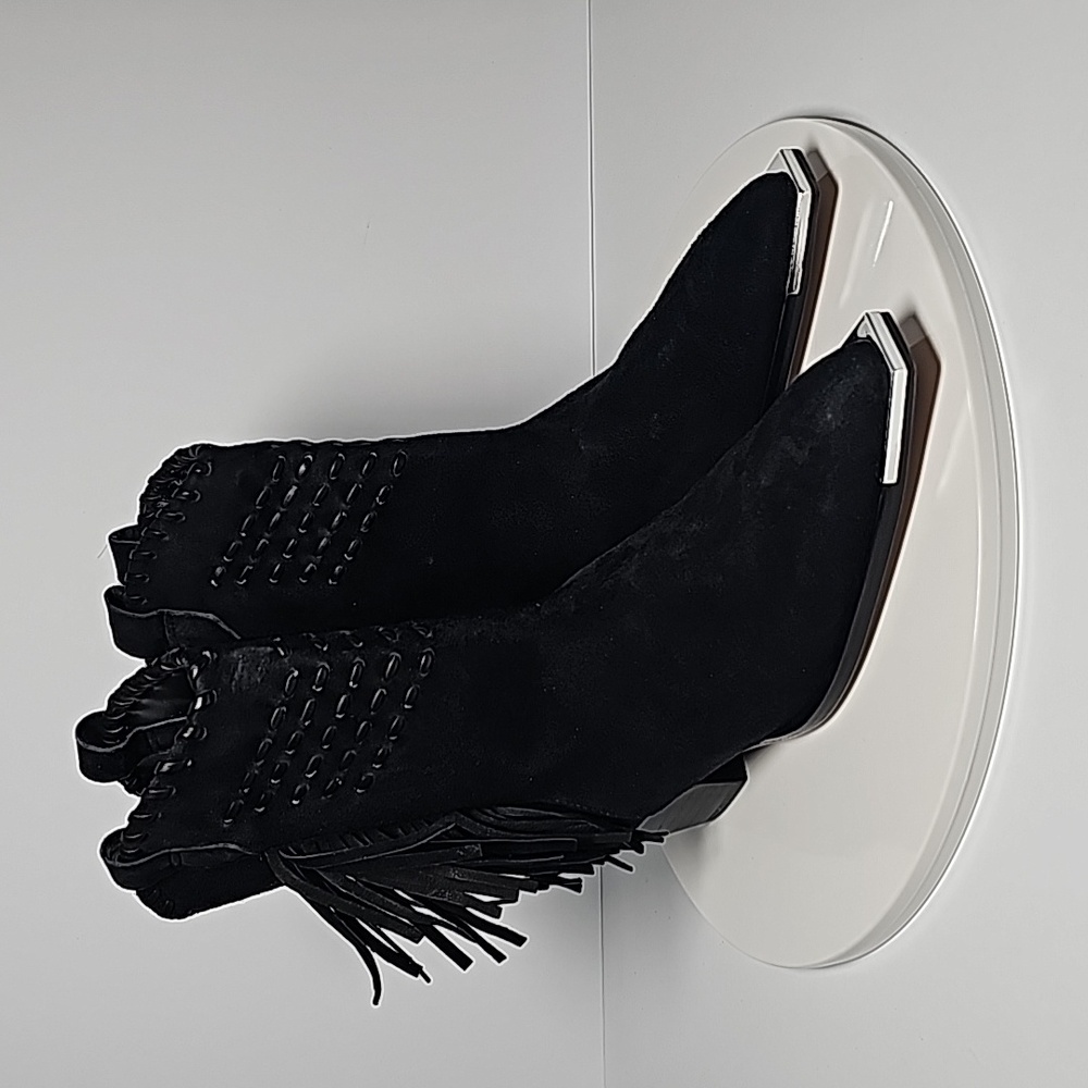 NWOT Schutz Alexxa Black Suede Western Fringe Boots Silver Toe Cap 5.5